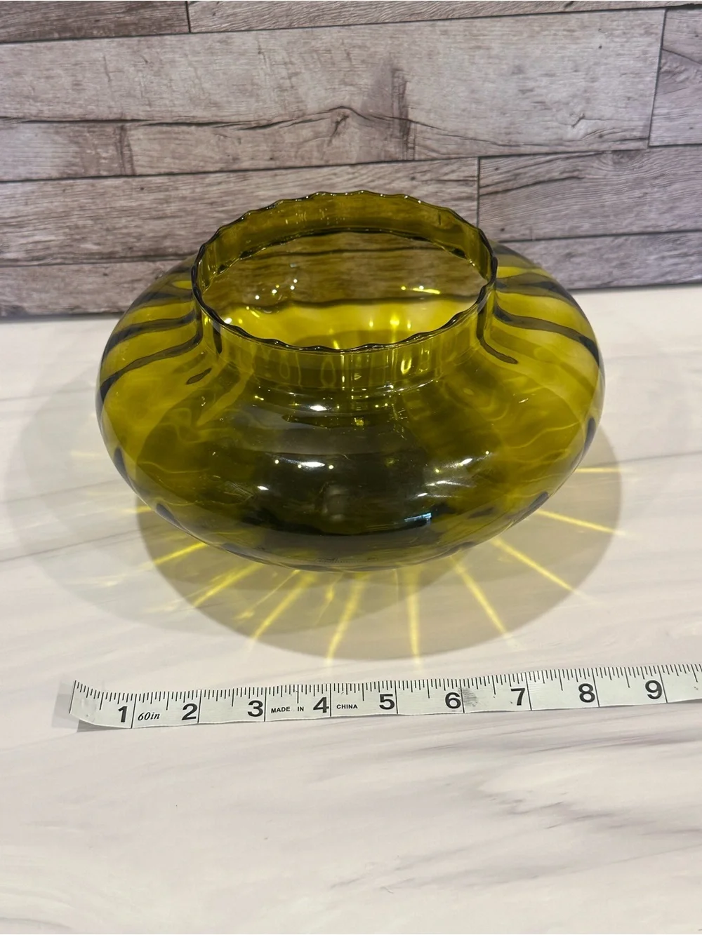 Vintage Pilgrim Glass Olive Green Optic Rose Bowl Vase Mid Century MCM Fish Bowl